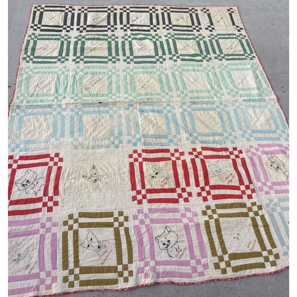 Vintage 1950's era Generational Quilt handmade Embroidered animals